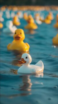 Waterfowl among rubber toys in ocean environment.