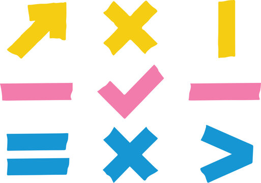 colorful hand drawn symbols set arrows check mark lines cross vector collection