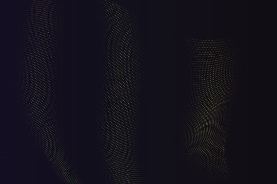 Wavy abstract dot field with green and orange hues on dark background, dots pattern texture