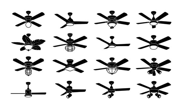 Modern ceiling fan silhouettes collection, 16 black vector icons of electric cooling fans with lights, industrial and residential interior ventilation set