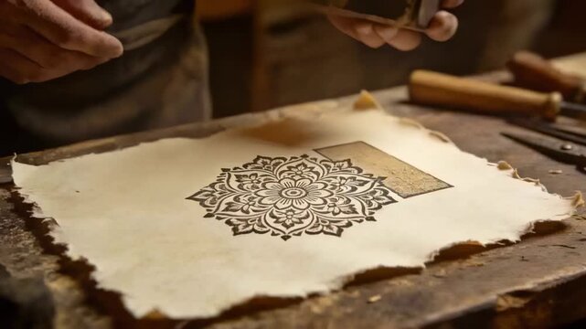 Placing artisan hands wearing dark apron aligning carved block over paper at shop, printing mandala