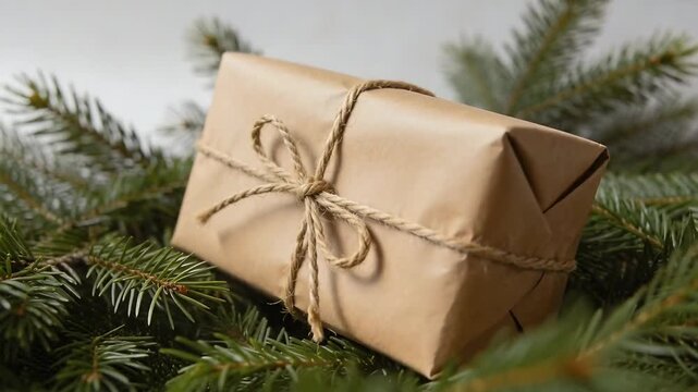 Sequence starting, camera tightening composition on tabletop, framing gift box with jute twine bow