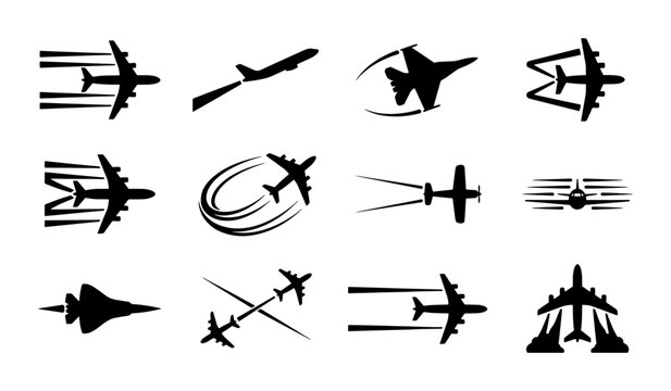 Airplane silhouette icons set, 12 black aircraft vector symbols with motion lines, commercial aviation and fighter jet flight path graphics