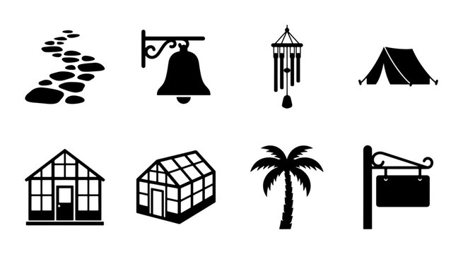 Garden and outdoor lifestyle icon set, black silhouette landscaping elements, greenhouse and camping symbols, 8 vector illustrations for backyard design