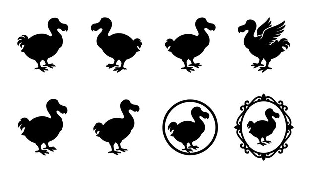 Vintage dodo bird silhouette collection, 8 black extinct animal vector icons, flightless bird profile set for natural history and educational design