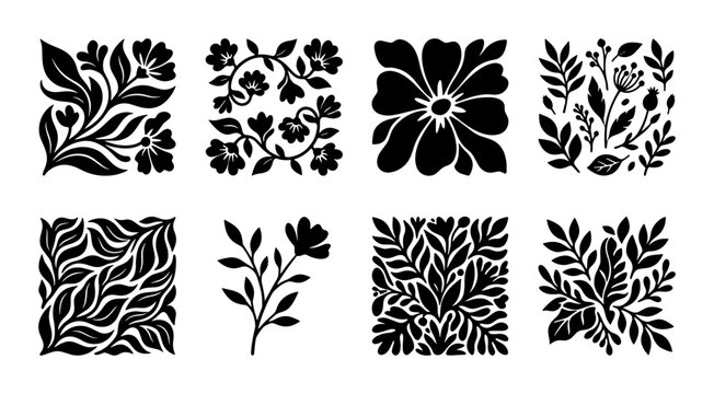 Linocut floral silhouettes, set of 8 black botanical square icons, hand-drawn woodcut flower motifs, organic leaf and blossom vector illustrations