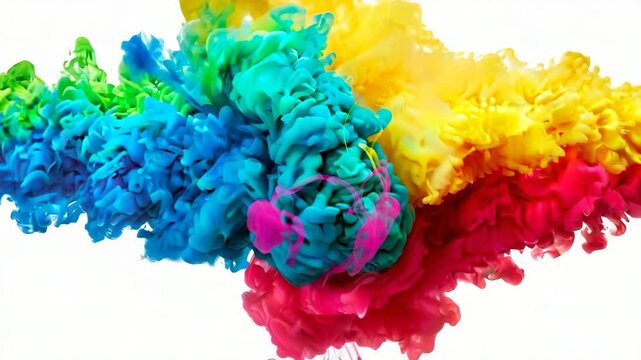 Colorful ink explosion diffusion in water on white background