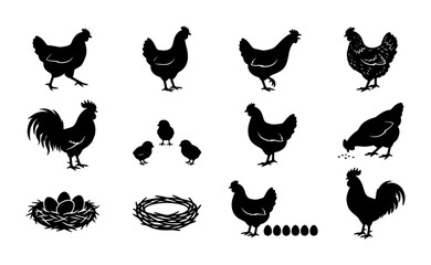 Black chicken silhouette set, farm poultry bird collection with rooster and hen, organic egg and nest vector icons for agriculture branding © Faria