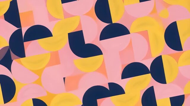 Playback starting tiles rotating, sliding on digital canvas, making layered navy yellow pink motifs