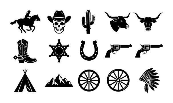 Wild West icons set, black cowboy silhouette vector graphics, western desert elements including skull and longhorn, 15 rustic frontier symbols