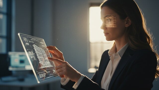 Female architect using AR holographic tablet to inspect 3D building model in a modern office