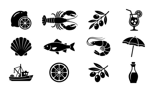 Mediterranean seafood and coastal lifestyle icons, set of 12 black silhouette vector elements, fish and shellfish restaurant menu graphics
