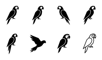 Minimalist parrot icon set, black macaw bird silhouettes, collection of 8 tropical parrot vector symbols for logo design and branding © Faria