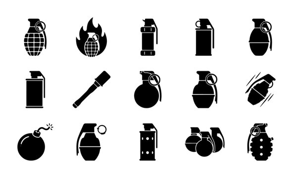 Military grenade icon set, black silhouette weapon symbols, collection of 15 explosive hand grenades and smoke bombs for tactical design