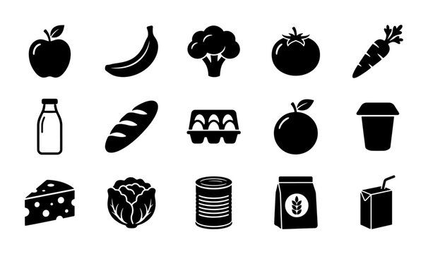 Grocery store food icons set, 15 black solid vector symbols of fresh produce and dairy, supermarket shopping items for retail apps and menus
