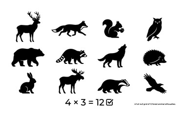 Forest animal silhouettes set of 12 vector icons, black woodland wildlife shapes including deer fox bear and wolf, minimalist wild fauna collection © Mojammel