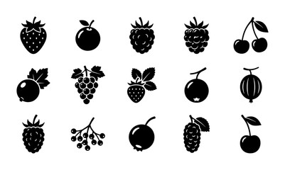 Minimalist berry and fruit icon set, 15 black silhouette vector elements, organic food symbol collection for menu design and grocery packaging © Mojammel
