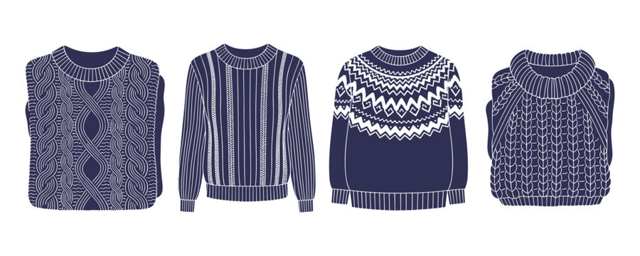 Four knitted sweaters with different patterns, vector illustration.