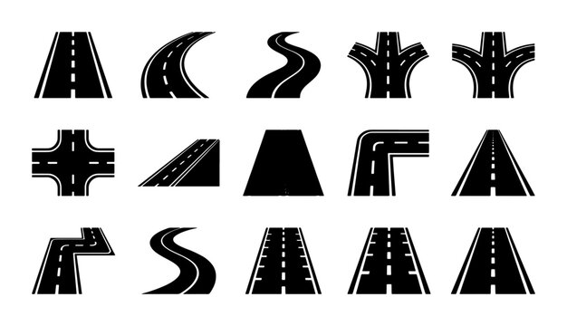 Road icon set with 15 vector elements, highway asphalt path symbols, street navigation and traffic infrastructure signs for map design