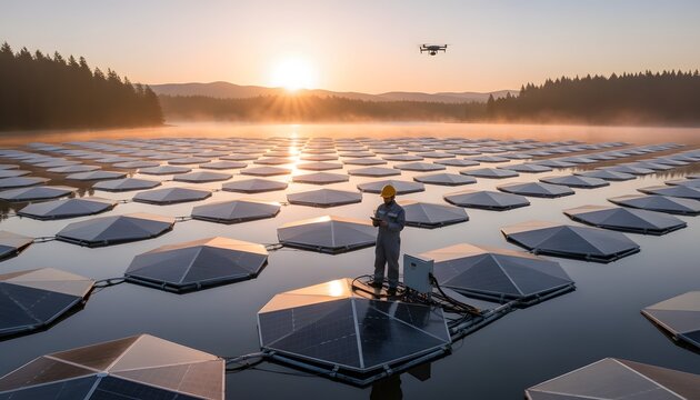 Sunrise illuminates a worker inspecting a large floating solar panel array on a misty lake with a drone surveying the scene