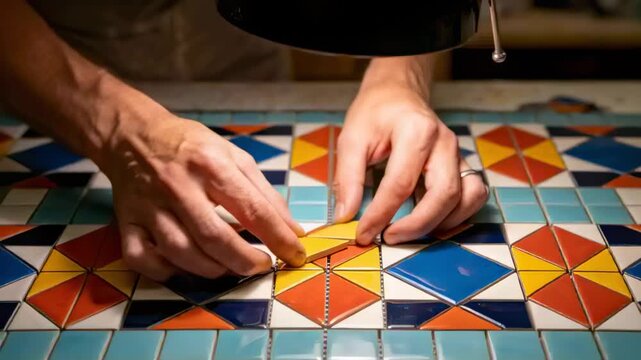 Picking up tiler hands with sleeves rotating and pressing yellow tile into central diamond on bench