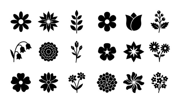 Minimalist black flower icons set, 18 floral vector silhouettes, simple botanical blossom symbols for logo design and wedding branding