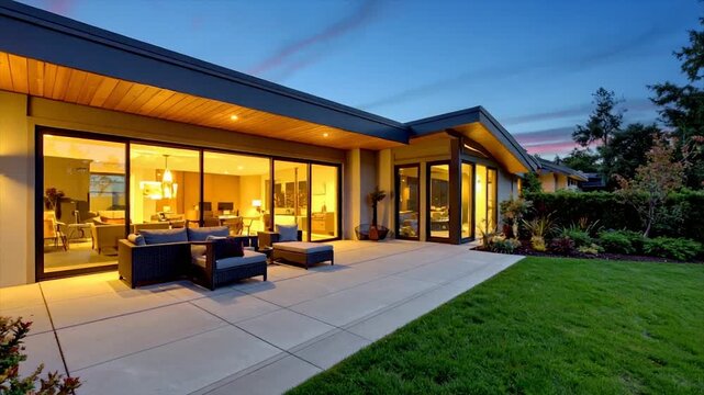 Modern home exterior at dusk, patio with seating, glass walls revealing interior