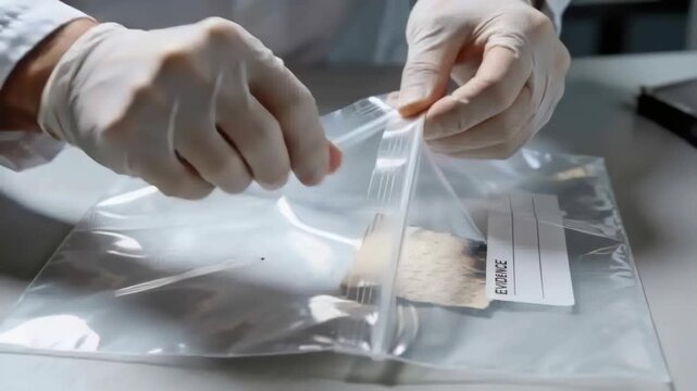 Receiving burned handwritten paper, gloved lab coat tech sealing into evidence bag preserving