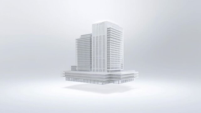 Monochromatic 3D rendering of a modern skyscraper complex with sleek architecture on a plain gray background