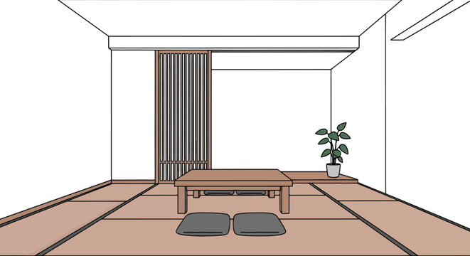 Minimalist Japanese style room with tatami mats, low table, and floor cushions, featuring a sliding door and a potted plant, simple line art illustration.