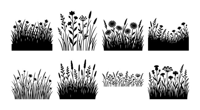 Black meadow grass silhouettes, wild flower field borders set of 8 vector elements, botanical floral garden weeds and herbs for landscape design