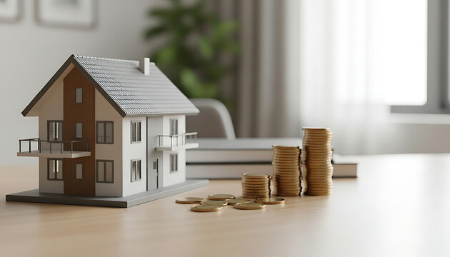 Real estate investment growth concept with stacks of coins and a house model