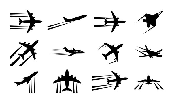 Airplane silhouette icons set, 12 black aircraft flying with speed motion lines, commercial jet and fighter plane vector collection for travel design