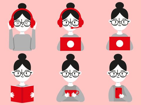 Zestaw postaci wykonujących r&oacute;żne czynności. Słuchanie muzyki, granie na komputerze, praca zdalna, czytanie książki, picie kawy, korzystanie z telefonu. 