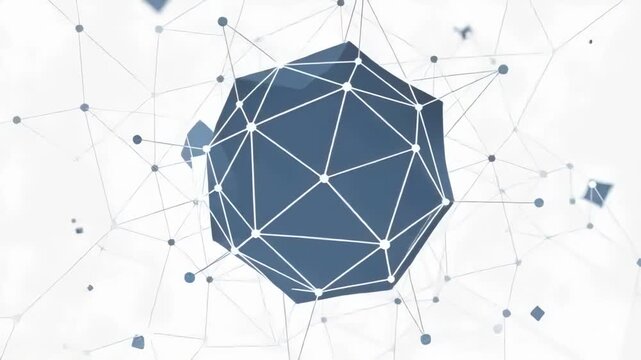 Rotating large dark faceted polyhedron after camera move, revealing network links in bright void
