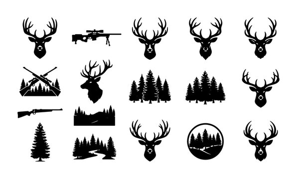 Hunting silhouette vector set, deer head with antlers and rifle icons, pine forest wilderness landscape elements for outdoor adventure logos