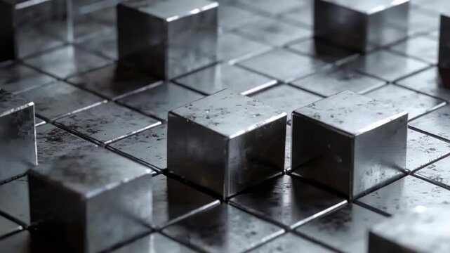 Lifting single metallic cube moving to fill empty cavity on metal-tiled grid, showing reflections