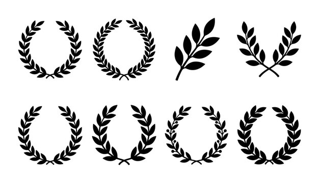 Laurel wreath vector set, black olive leaf crown silhouettes, 8 heraldic victory symbols, organic foliage circular frames for awards and logos