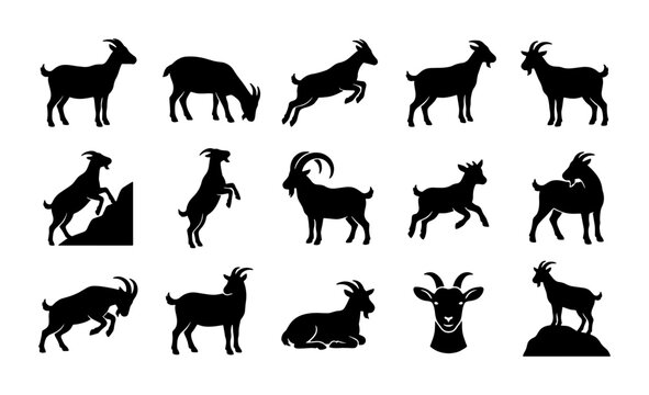 Goat silhouette collection, 15 black farm animal vector icons, mountain goat and ram standing and jumping poses, livestock farm animal silhouettes