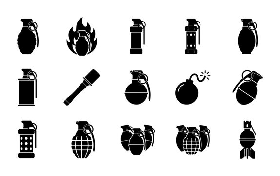 Military grenade icons set, black silhouette explosive weapon symbols, 15 vector elements of hand grenades and bombs for gaming and tactical design