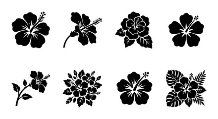 Hibiscus flower black silhouette vector set, tropical floral blossom icons, exotic Hawaiian plant stencils for summer branding and logo design © Imran
