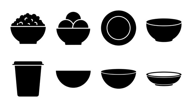 Minimalist kitchenware icon set, black solid food bowl and plate silhouettes, 8 ceramic dishware and takeaway cup vector elements for restaurant menus