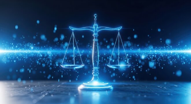 Neon scales of justice icon against a dark background technology concept