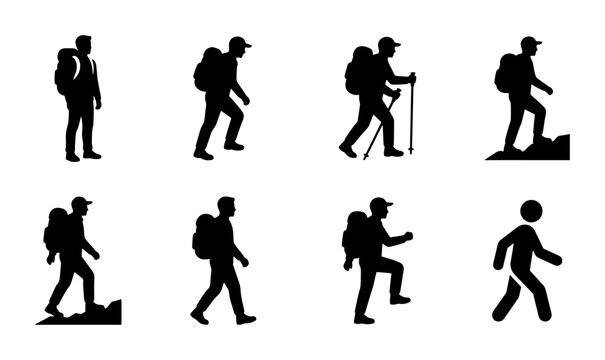 Hiking silhouette set of 8 vector icons, mountain climber and backpacker figures, outdoor trekking and walking man symbols for travel maps