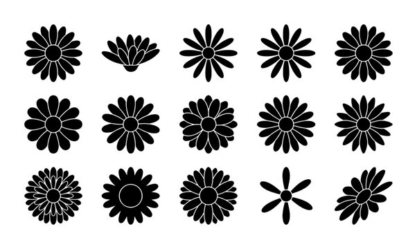 Minimalist black daisy flower silhouettes, set of 15 floral icons in vector format, botanical blossom symbols for logo design and spring patterns