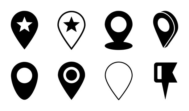 Minimalist map pin icon set, black location pointer symbols, 8 vector navigation markers for GPS tracking and travel interface design
