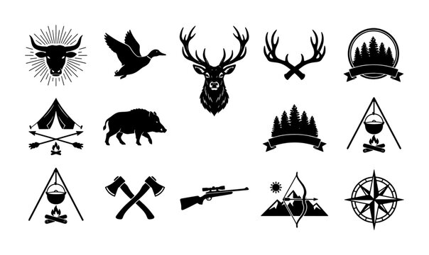 Vintage hunting and camping icons set, black silhouette outdoor adventure symbols, 14 forest wildlife and survival vector elements for logo design