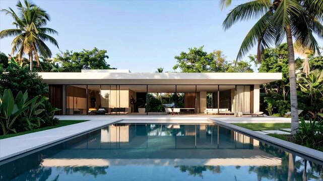 Modern tropical home with pool. A sleek glass-walled structure is set among lush green foliage