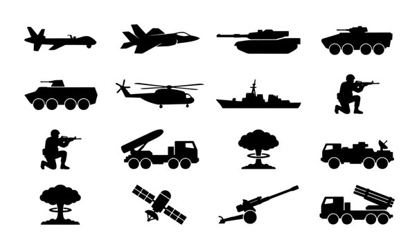 Military vehicle silhouette set with 16 icons, army equipment and war machinery collection, black soldier and weapon vector graphics for tactical design