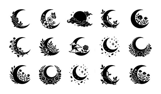Celestial crescent moon icons with floral elements, set of 15 mystical moon silhouettes, botanical lunar phase vector graphics for logos and tattoos